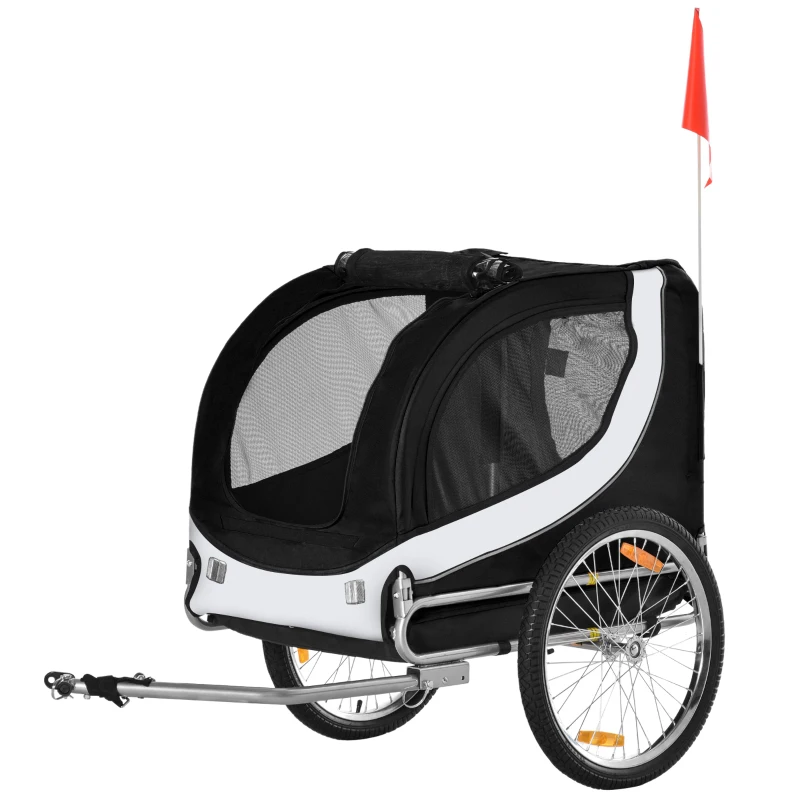 HOMCOM Remorque velo pour chien animaux avec drapeau et 8 reflecteurs blanc et noir