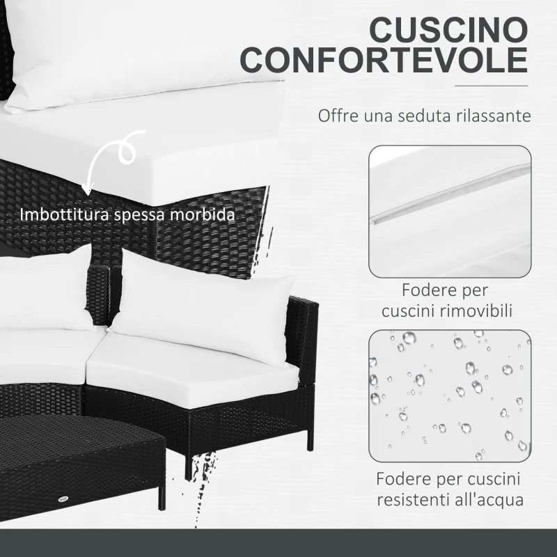 Outsunny Divano da Esterno in Rattan, Set 5 Pezzi con Pouf, Salottino per il Giardino Nero e Bianco 96cmx 68cmx 65cm