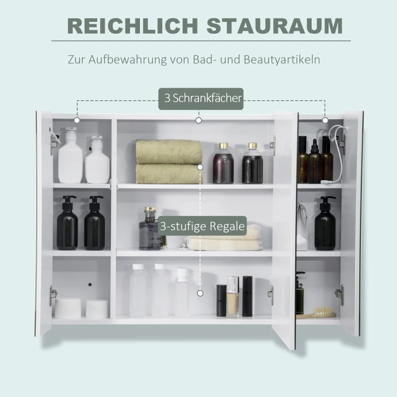 kleankin Spiegelschrank 3 Spiegeltüren LED-Lichter 90 × 15 × 65 cm Weiß