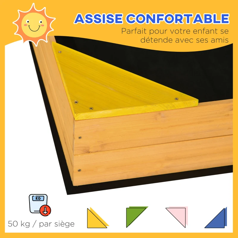 Outsunny Bac à sable carré en bois pour enfants 4 assises en coin et film protection 109 x 109 x 19,8 cm bois naturel