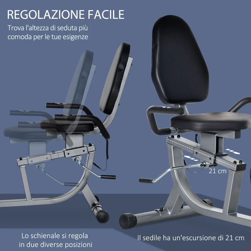 HOMCOM Cyclette Orizzontale Recumbent con 8 Livelli di Resistenza, Schermo LCD e Seduta Regolabile, 122-137x62x103 cm(m-6)