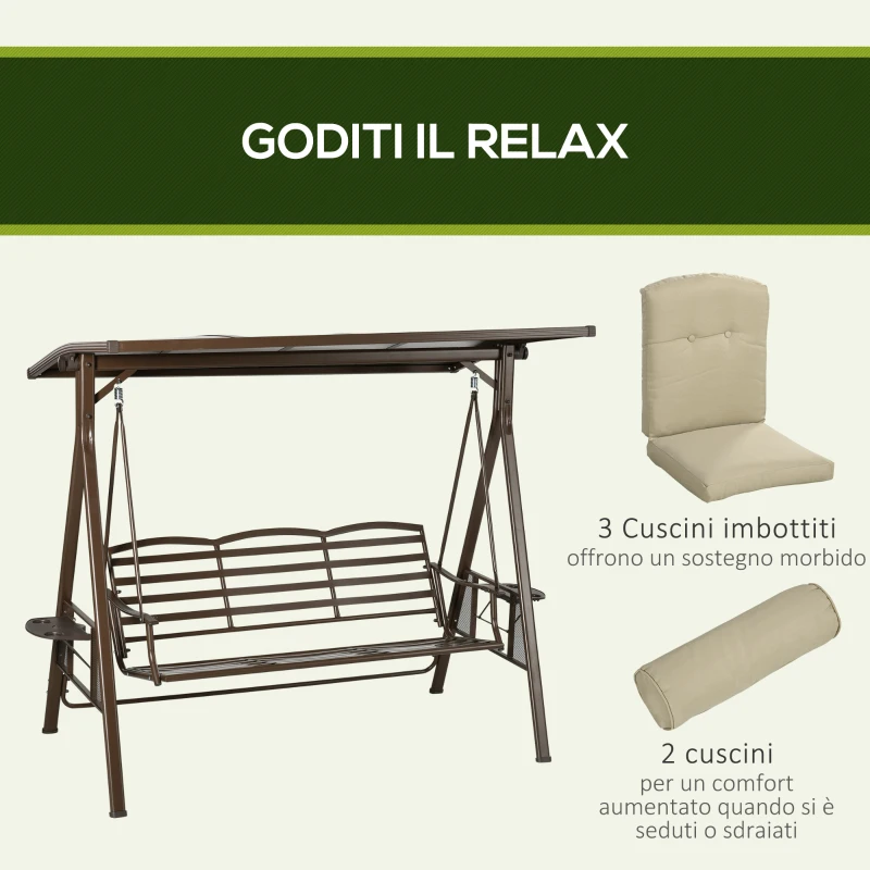 Outsunny Dondolo da Giardino 3 Posti in Acciaio con Tettuccio Inclinabile e Cuscini, 208x120x174 cm
