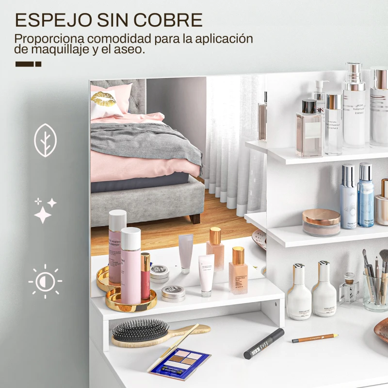 HOMCOM Tocador de Maquillaje con Taburete Espejo Cajón Estante Ajustable y Estantes Abiertos Anti-vuelco Blanco y Beige