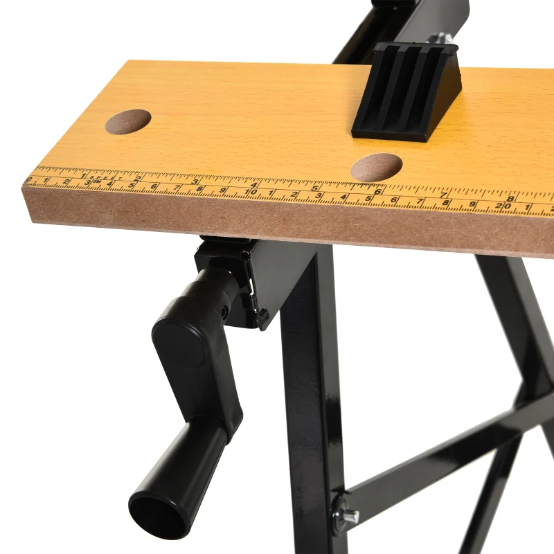 DURHAND Mesa de Trabajo Plegable Banco de Trabajo con Abrazadera 2 Manivelas Como Caballete de Sierra Carpintero Hierro MDF Soporta 100 kg 60,5x62,5x78,5 cm Natural y Negro