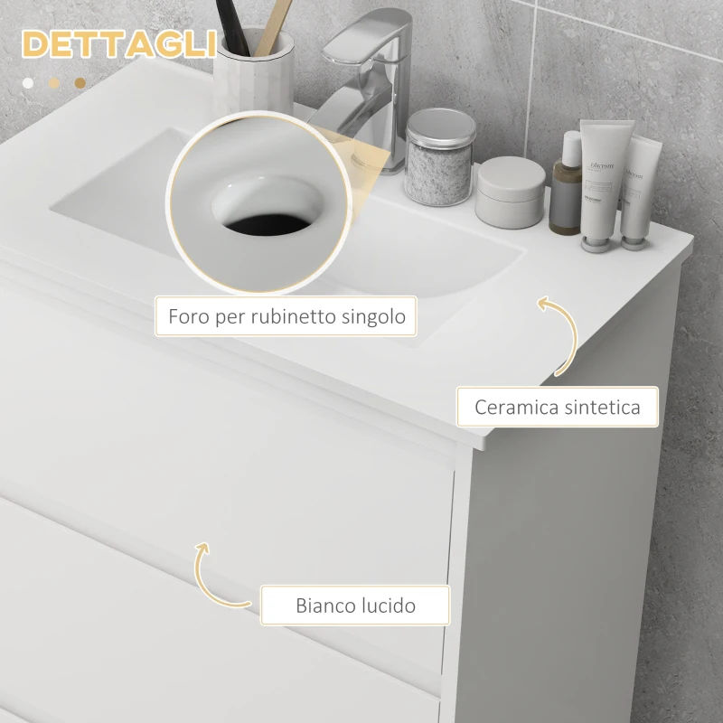kleankin Mobiletto Bagno a 2 Cassetti in Truciolato con Lavabo in Ceramica Sintetica, 61x37x88 cm, Bianco