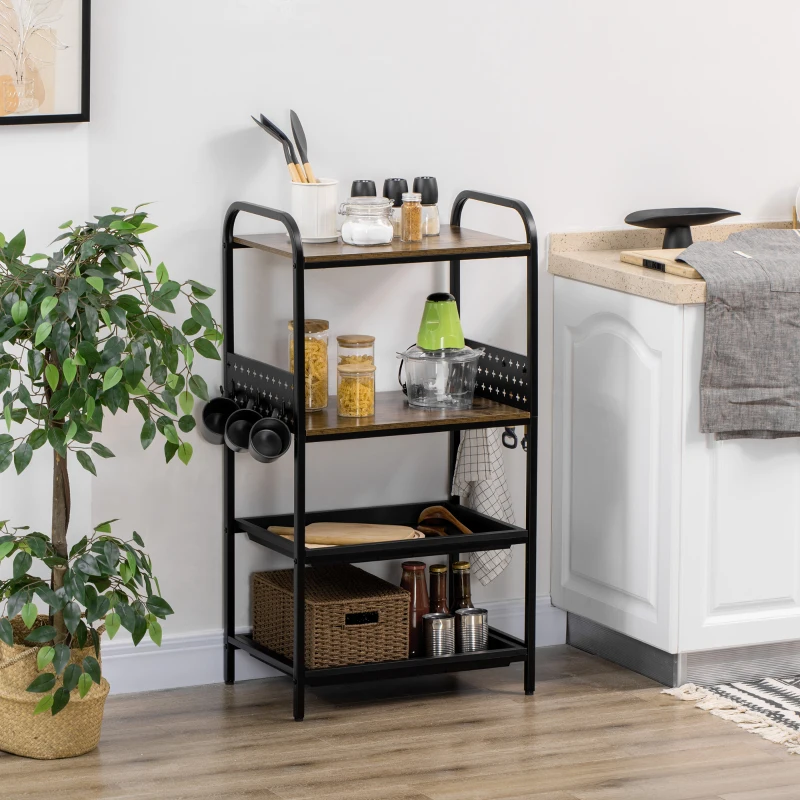 HOMCOM Mobile Cucina a 4 Livelli con 6 Ganci, 2 Vassoi e 4 Ripiani Rimovibili in MDF e Acciaio, 60x40x112 cm, Marrone