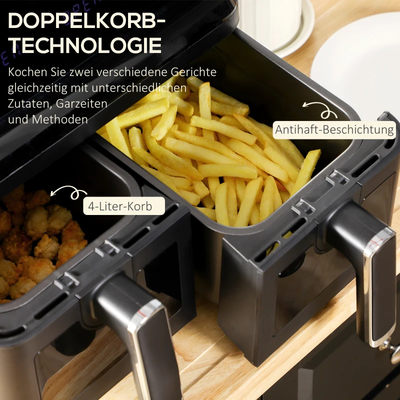 HOMCOM Heißluftfritteuse, 2 Frittierkörbe á 4 Liter, 8 Programme, Licht, Timer, 38,5 x 38 x 30,5 cm, Schwarz(m-4)