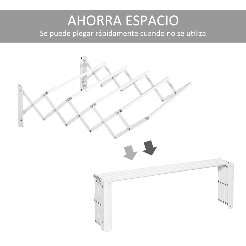 HOMCOM Tendedero de Pared Extensible de 63,5 cm Tendedero de Ropa de Metal con 5 Barras para Interior y Exterior Baño Balcón Carga 10 kg 63,5x60x20 cm Blanco