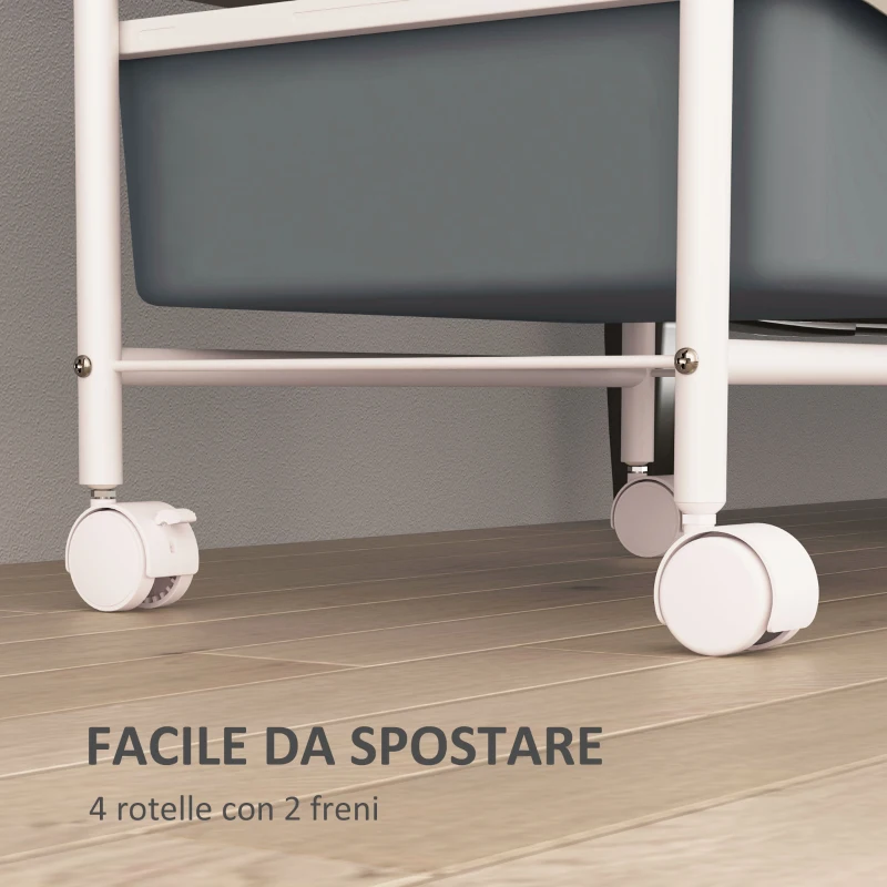 HOMCOM Carrello Portaoggetti con 2 Vassoi Fissi e 3 Vassoi Scorrevoli, in Acciaio e PP, 40x34x85 cm, Bianco e Grigio