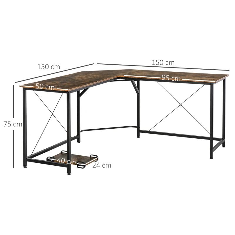 HOMCOM Computertisch, L-förmiger Eckschreibtisch, Schreibtisch, Bürotisch, E1 Spanplatte +Metall, Schwarz+Braun, 150 x 150 x 75 cm