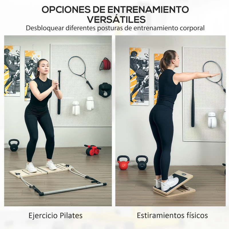 SPORTNOW Barra Pilates con Bandas Elásticas Tabla Inclinada Ajustable y Resistencia Personalizable para Estiramientos 90x33x3 cm