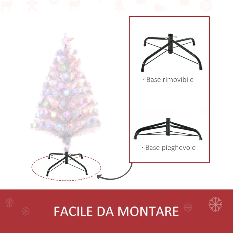 HOMCOM Albero di Natale Artificiale 90cm con 90 Luci LED Colorate e Fibre Ottiche, 90 Rami, Base in Metallo Pieghevole, Bianco