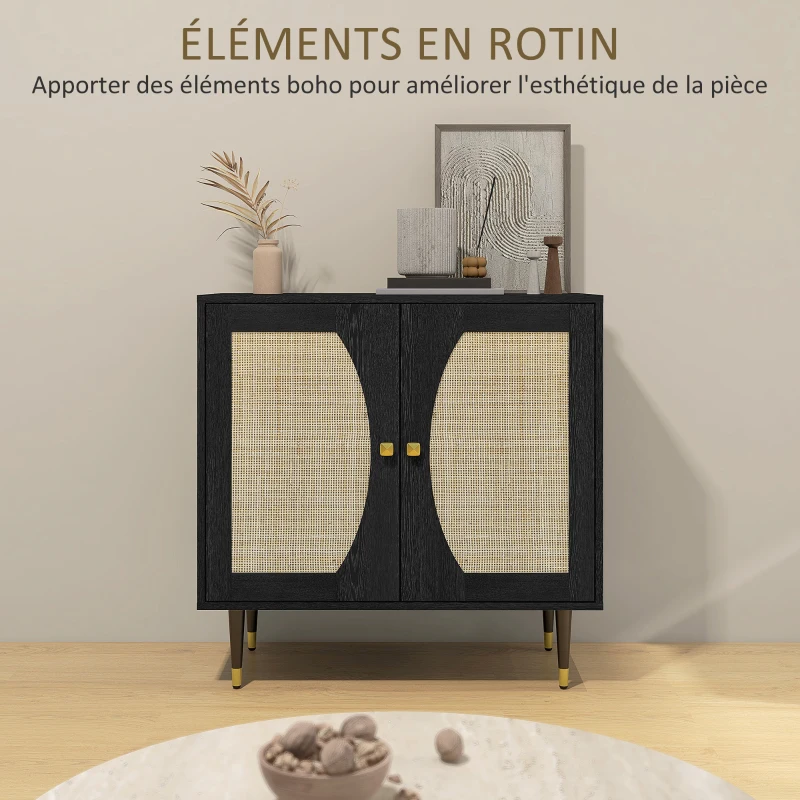 HOMCOM Buffet de cuisine meuble de rangement design bohème double portes avec 2 niveaux, façade en rotin 80 x 38 x 79 cm noir