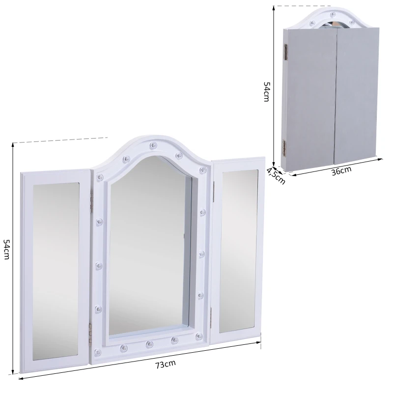 HOMCOM Miroir de Maquillage Miroir de Courtisie Lumière LED Triple de Pliage Charge USB Hollywood MDF Blanc