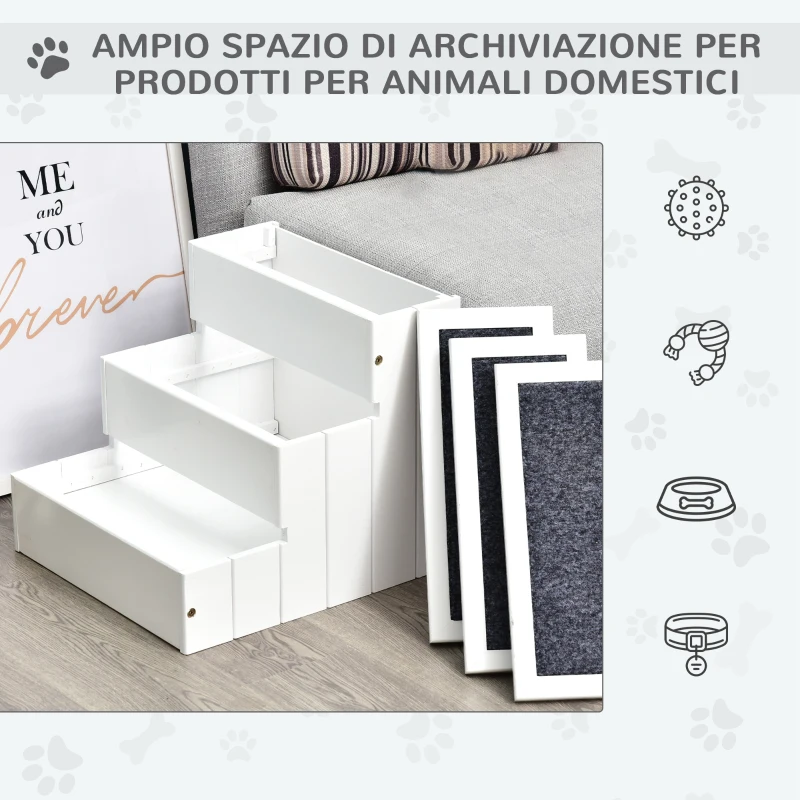 PawHut Scaletta per Cani a 3 Gradini con Tappeto Antiscivolo e Spazio Interno, 40.5x44.5x38cm, Bianco