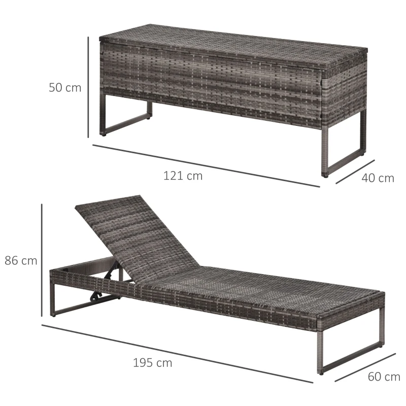 Outsunny Conjunto de 2 Tumbonas de Jardín con Cojines Acolchados Ratán con Mesa Auxiliar para Piscina o Terraza Carga 160kg 195x60x86 cm Acero Gris
