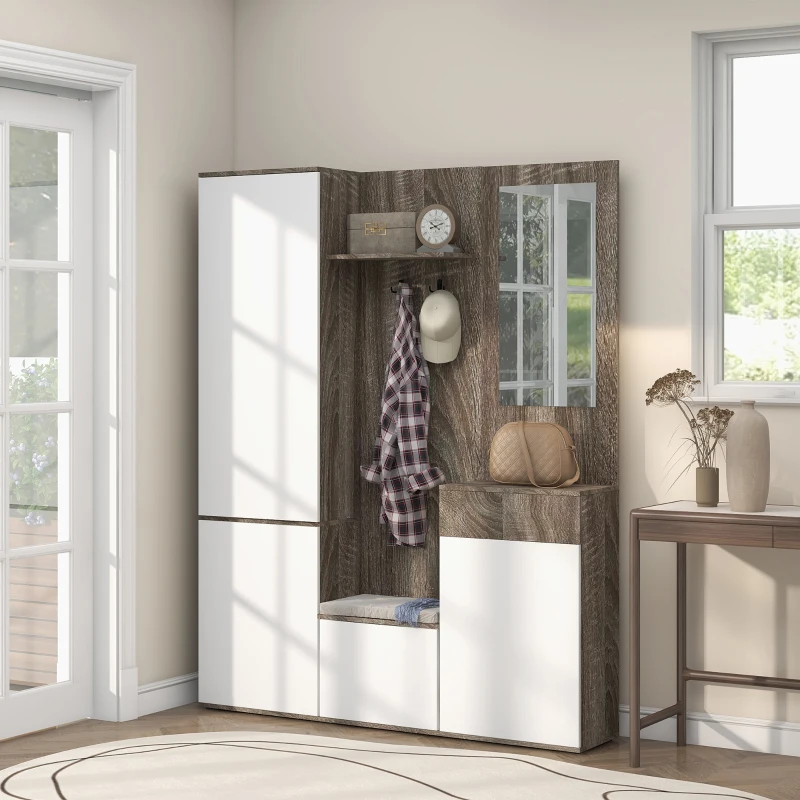 HOMCOM Mobile da Ingresso 4 in 1 con Specchio, Ganci e Ripiani Interni, in Legno, 145x29x184 cm, Nero e Bianco