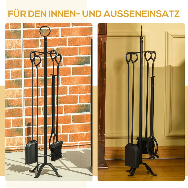Outsunny 5-teiliges Kamingarnitur Kamin Garnitur Set Kaminbesteck innen Kamin Zubehör Kaminofen Besteck Schmiedeeisen Besteck Werkzeuge Metall Schwarz 20 x 20 x 82,5 cm