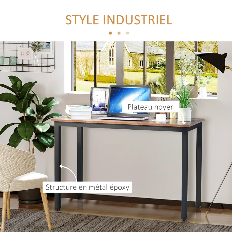 HOMCOM Table Bureau Informatique Table de Salle à Manger Grand Plateau 120L x 60l x 74H cm Panneaux Particules Noyer métal Noir