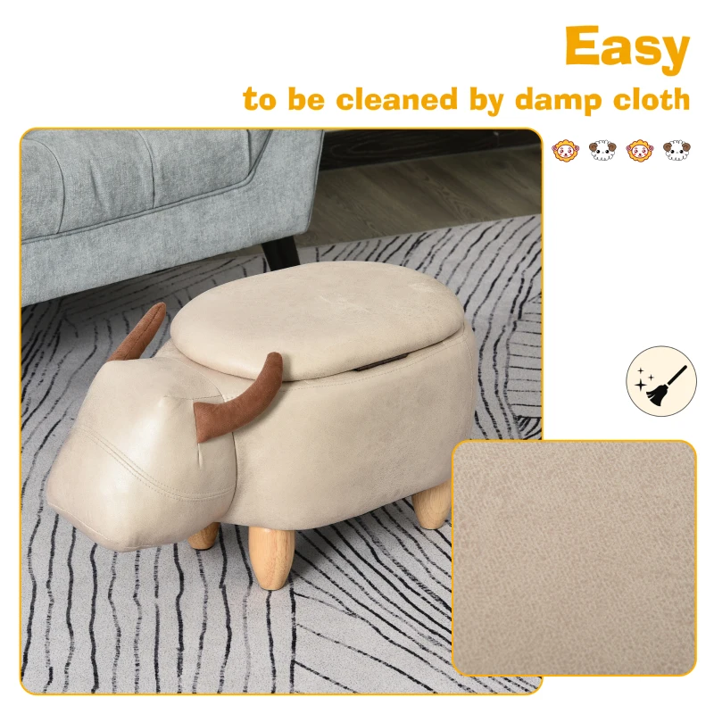 HOMCOM Animal footstool Buffalo Storage Stool Cute Decoration Wood Frame Legs w/Padding Lid Ottoman Furniture Ivory