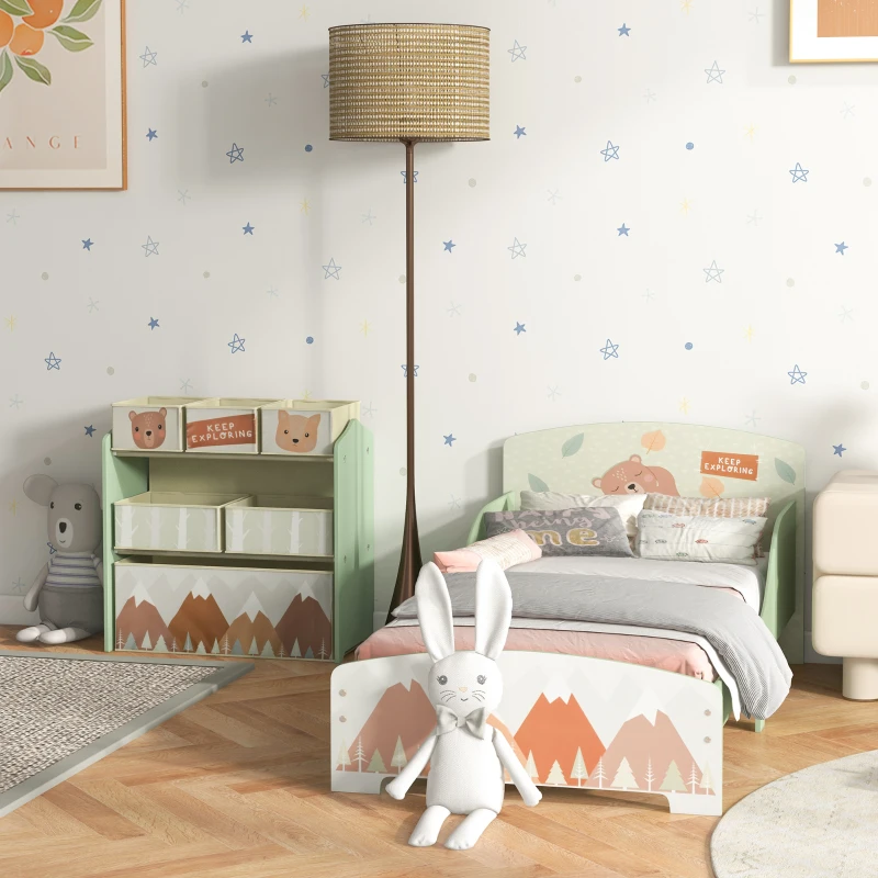 ZONEKIZ Toddler Bed Frame, Kids Storage Shelf Unit with 6 Fabric Bins for Ages 3-6 Years, Green