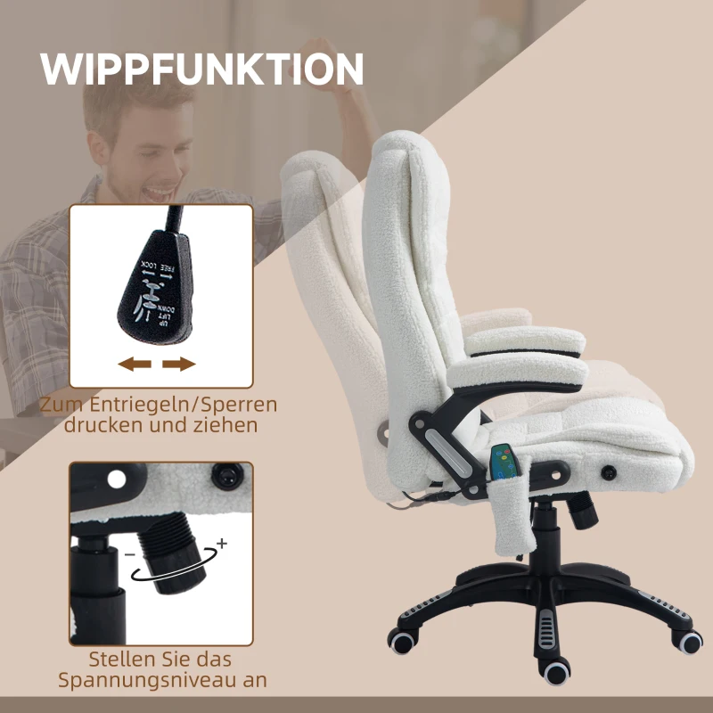 Vinsetto Bürosessel Massagefunktion Massagebürostuhl, Massagefunktion, höhenverstellbar, 67 x 74 x 107-116 cm, Weiß(m-6)
