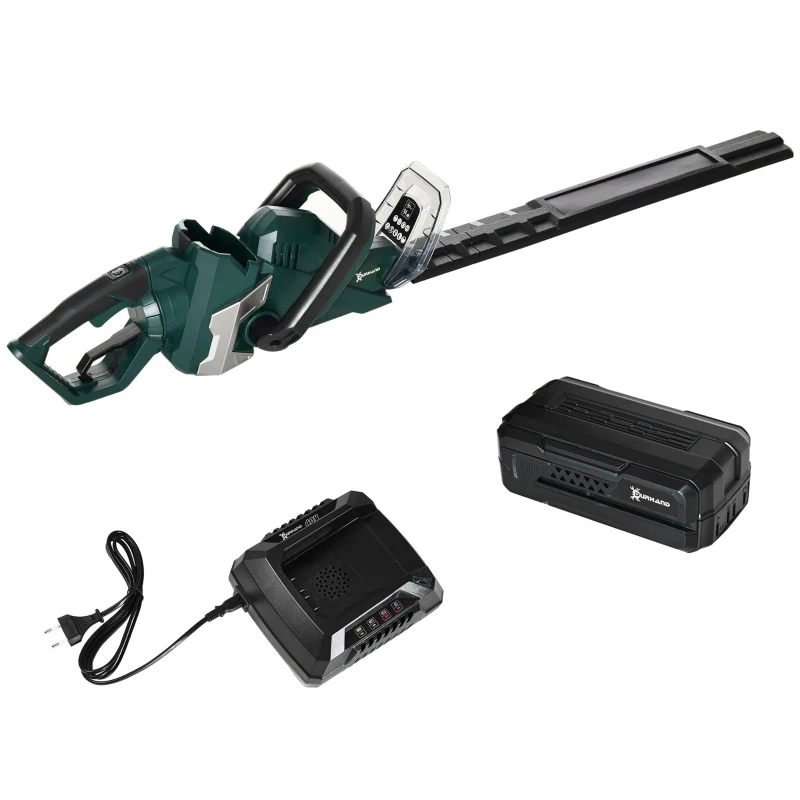 Durhand Elektro Heckenschere Akku Elektrischer Heckenschneider mit 350 W Motorleistung Kabellos 180° Drehgriff 52cm Schnittlänge Stahl ABS Grün+Schwarz