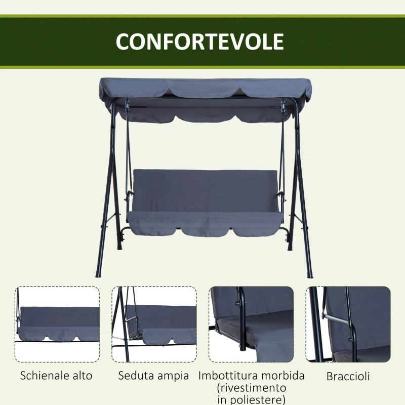 Outsunny Dondolo da Giardino a 3 Posti con Tettuccio Parasole Inclinabile in Acciaio 172 × 110 × 153cm Grigio