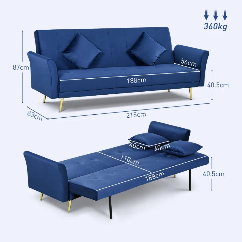 HOMCOM Divano Letto Clic Clac con Schienale Regolabile e 2 Cuscini, in Tessuto Effetto Velluto, 215x83x87 cm, Blu