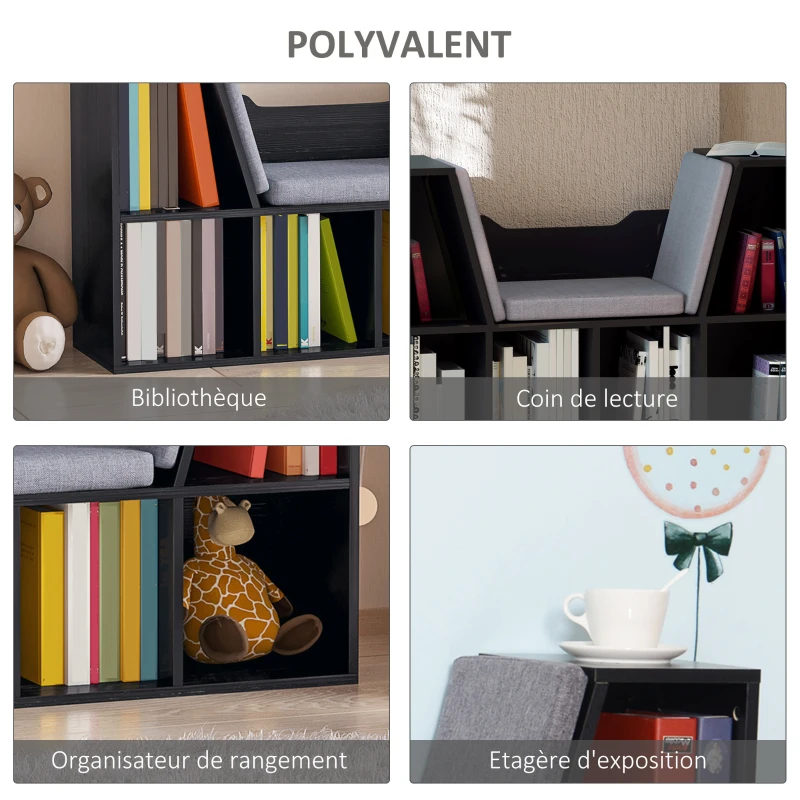 HOMCOM Bibliothèque banc 2 en 1 avec coussins de siège, étagère cube 6 compartiments ouverts et 2 niveaux, meuble de rangement pour salon, chambre à coucher, bureau, 102 x 30 x 61 cm, noir