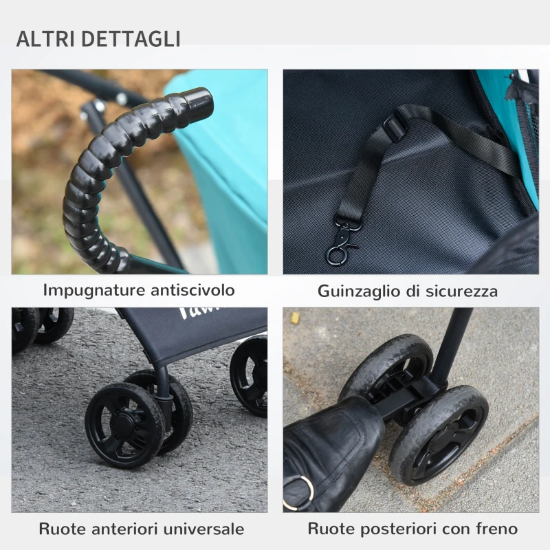 PawHut Passeggino per Cani Piccoli Pieghevole, Ruote Girevoli con Freno in EVA e Guinzaglio di Sicurezza, 65x42x94cm Verde