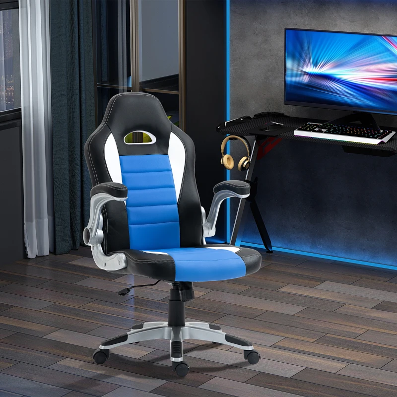 HOMCOM Racing Gaming Chair PU Leather Office Chair Executive Computer Desk Chair with Adjustable Height, Flip Up Armrest, Swivel Wheels, Blue