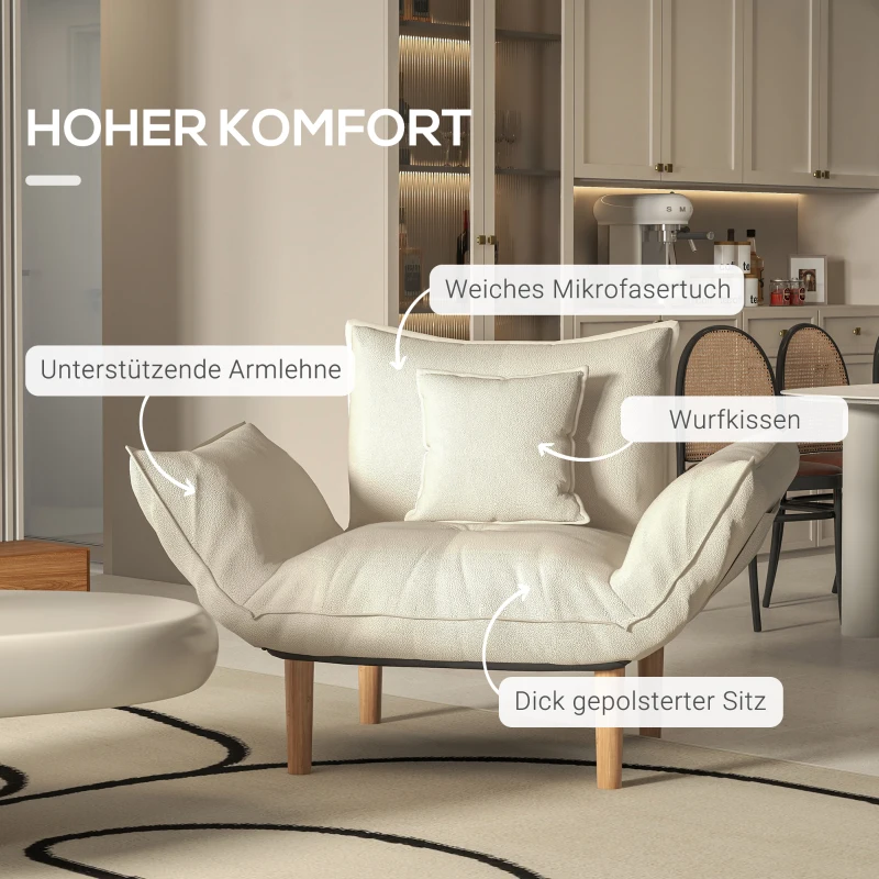 HOMCOM 2-in-1 Verstellbarer Loungesessel, Bodensessel mit Kissen, Polstersessel, für Wohnzimmer, Schlafzimmer, Cremeweiß