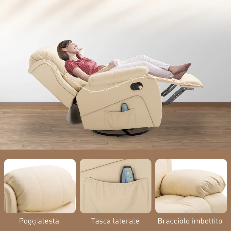 HOMCOM Poltrona Relax Reclinabile Beige con 8 Punti Massaggianti, Riscaldanti e Poggiapiedi, 97x92X104 cm