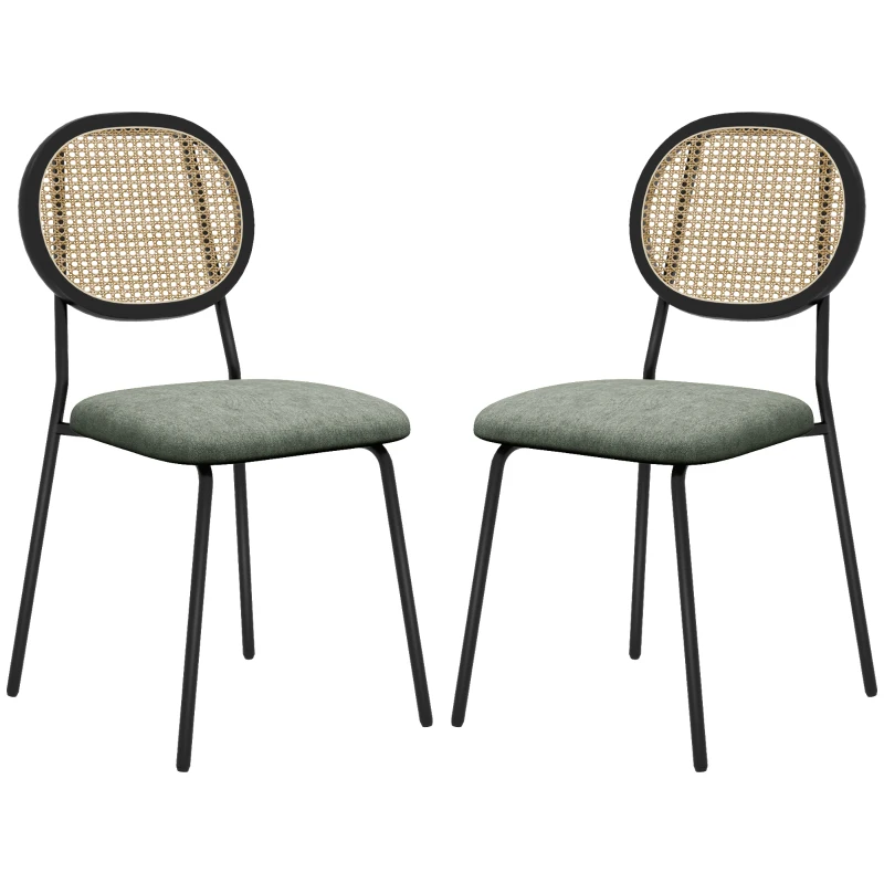 HOMCOM Pack de 2 Sillas de Comedor con Respaldo de Ratán Sintético y Marco de Acero para Salón 44x54x87 cm Verde Oscuro y Negro