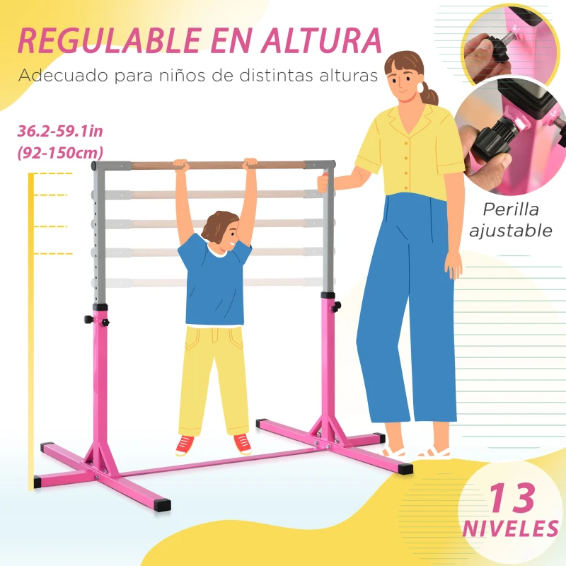 HOMCOM Barra de Gimnasia para Niños de +3 Años Barra de Entrenamiento Altura Ajustable 92-150 cm Carga 75 kg 194x121x150cm Rosa
