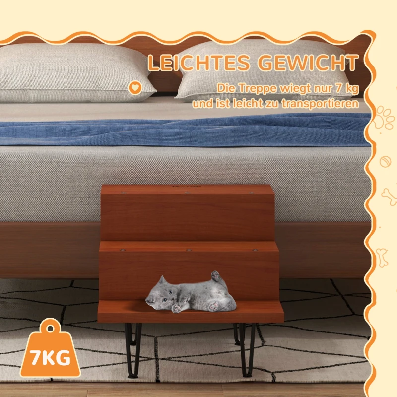 PawHut Haustiertreppe Hundetreppe, 3 Stufen, Kiefernholz, 46 cm x 54 cm x 42,5 cm,  Braun + Schwarz