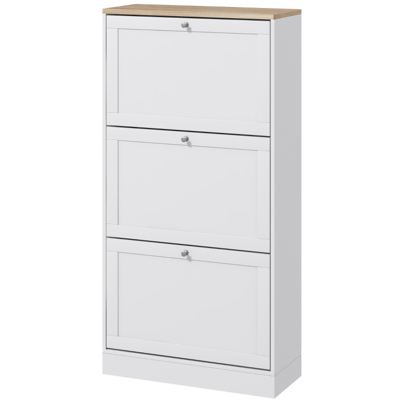 HOMCOM Mueble Zapatero Moderno con 3 Cajones Abatibles y Estantes Ajustables para 18 Pares de Zapatos 60x23,5x115 cm Blanco