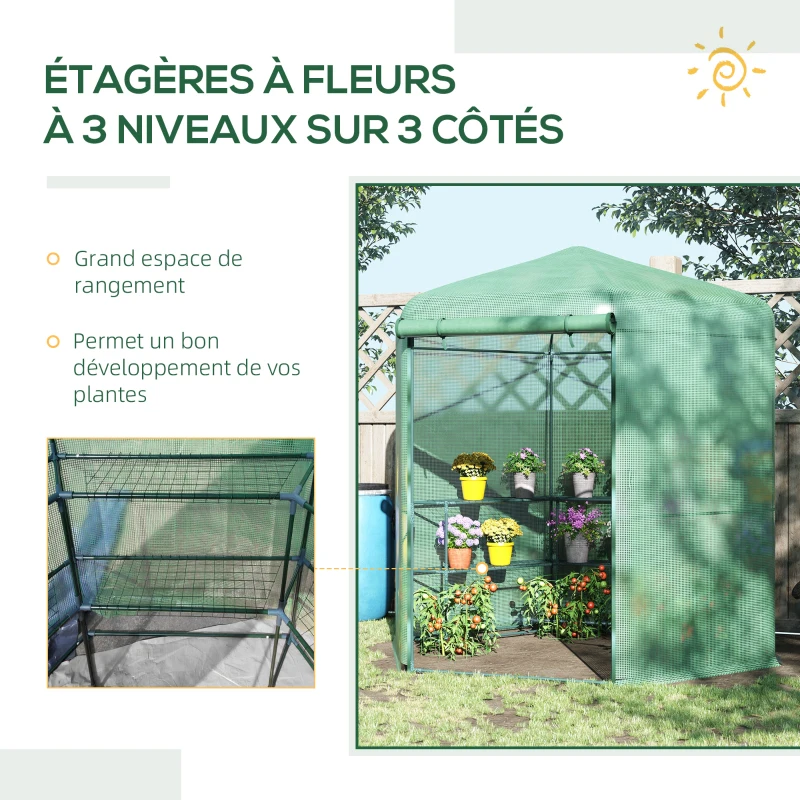 Outsunny Serre de Jardin hexagonale avec 6 étagères 2 niveaux - dim. 2,25L x 1,94l x 2,15H m Porte Enroulable zippée Acier thermolaqué PE Haute densité Vert