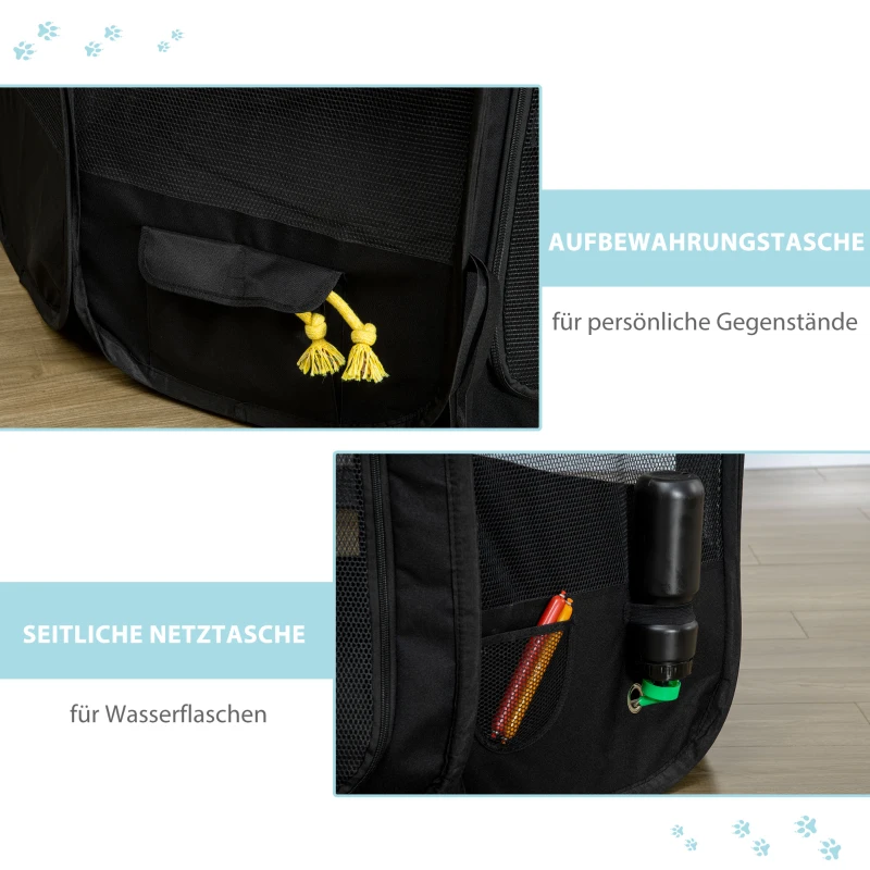 PawHut Freigehege, Welpenauslauf, klappbar, Deck- und Bodenplane, Stahlrahmen, Cremeweiß+Schwarz, 118 x 118 x 62 cm