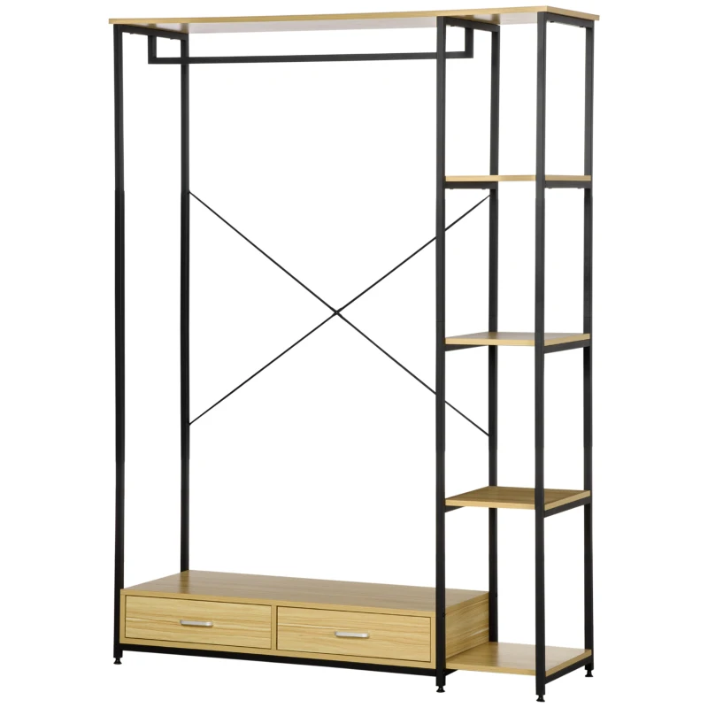 HOMCOM Appendiabiti in Stile Industriale con 2 Cassetti e 4 Ripiani Aperti in Dotazione, in Acciaio e Truciolato, 130x40x180cm, Color Legno e Nero