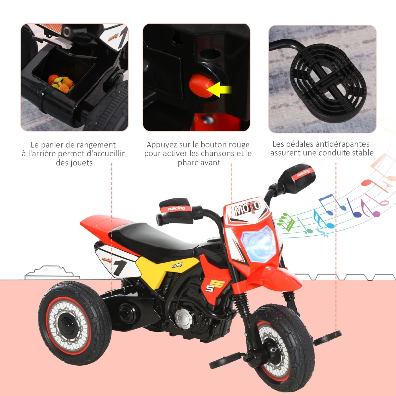 HOMCOM Tricycle Enfants Moto Cross Effets musicaux et Lumineux Coffre Rangement Rouge(m-6)
