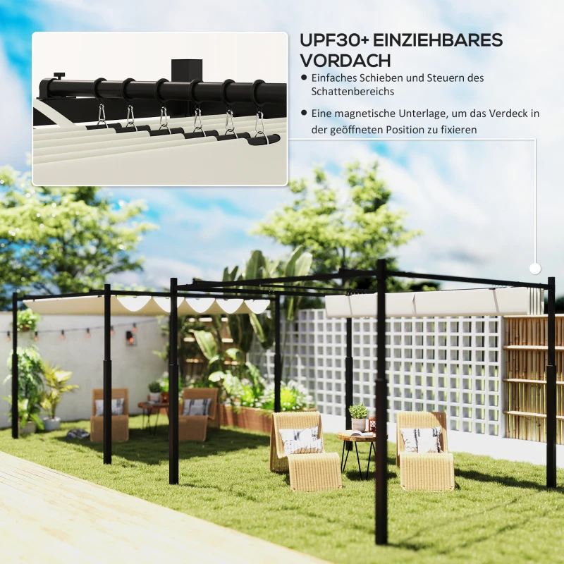 Outsunny Garten-Pergola, 3 x 3 m, Ausziehbares Dach und Magnetpad, Outdoor-Baldachin, Garten-Pavillon, UPF30+, Metall, Cremeweiß(m-4)