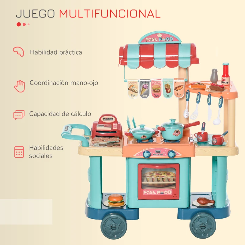 HOMCOM Cocina de Juguete para Niños de 3-6 Años con Ruedas Caja Registradora y Accesorios 79,5x33x90,5 cm Multicolor