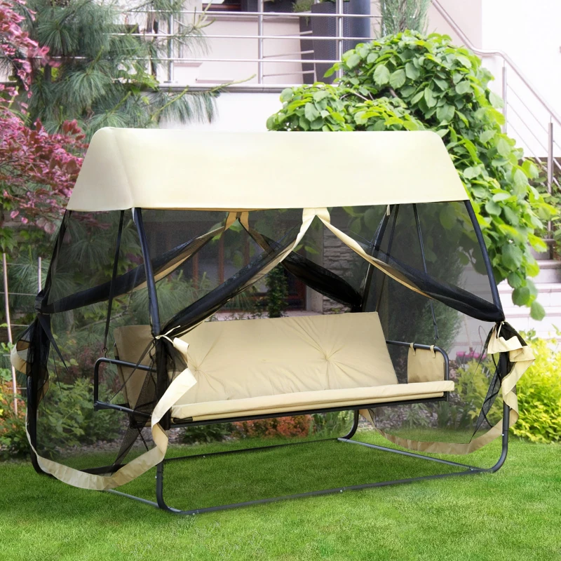 Outsunny Balancelle de Jardin Convertible 3 Places Grand Confort : Matelas Assise Dossier, moustiquaire intégrale zippée avec Toit, Pochette Rangement métal époxy Polyester Beige