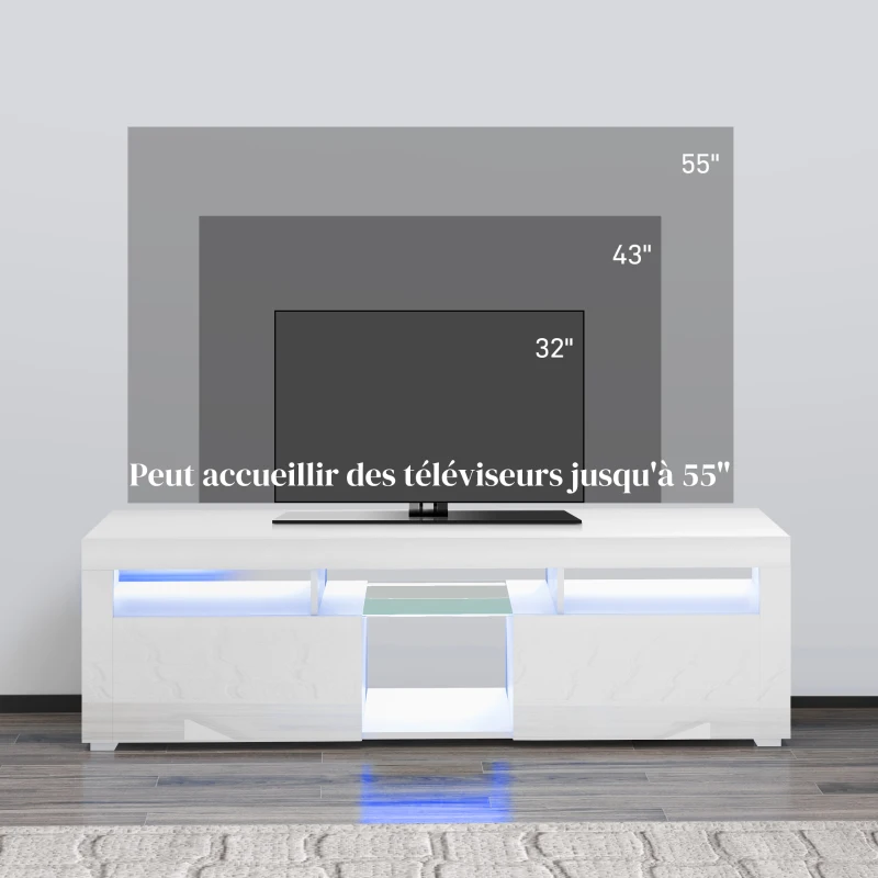 HOMCOM Meuble banc TV, meuble de télévision, jusqu'à 55 pouces, avec LED, étagères et placards, 150 x 38 x 45 cm, blanc laqué