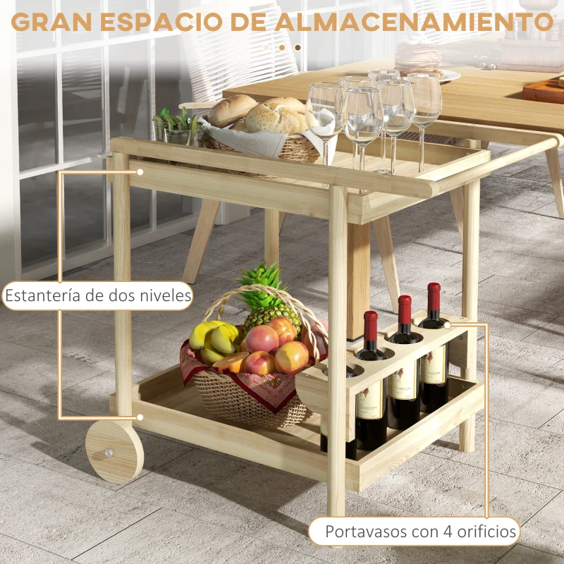 Outsunny Carro de Servicio con 2 Ruedas 2 Estantes 4 Portavasos y Mango para Jardín Terraza Patio 78x58,5x75 cm Natural