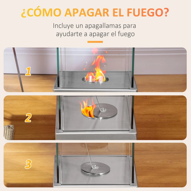 HOMCOM Chimenea de Bioetanol de Suelo 25x25x60 cm Capacidad de 0,4L Combustión de 2 Horas para Interior Plata