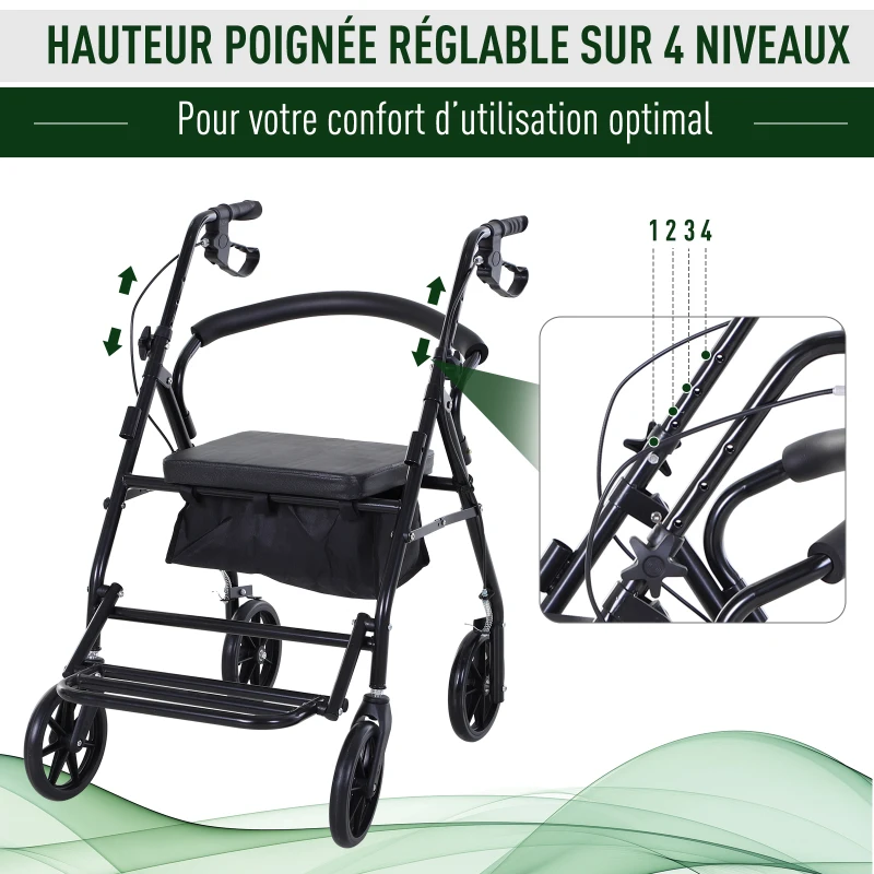 HOMCOM Déambulateur 4 roues - déambulateur pliable léger - assise + dossier rembourré - poignées ergonomiques, freins à main - panier rangement - cale-pied - métal noir