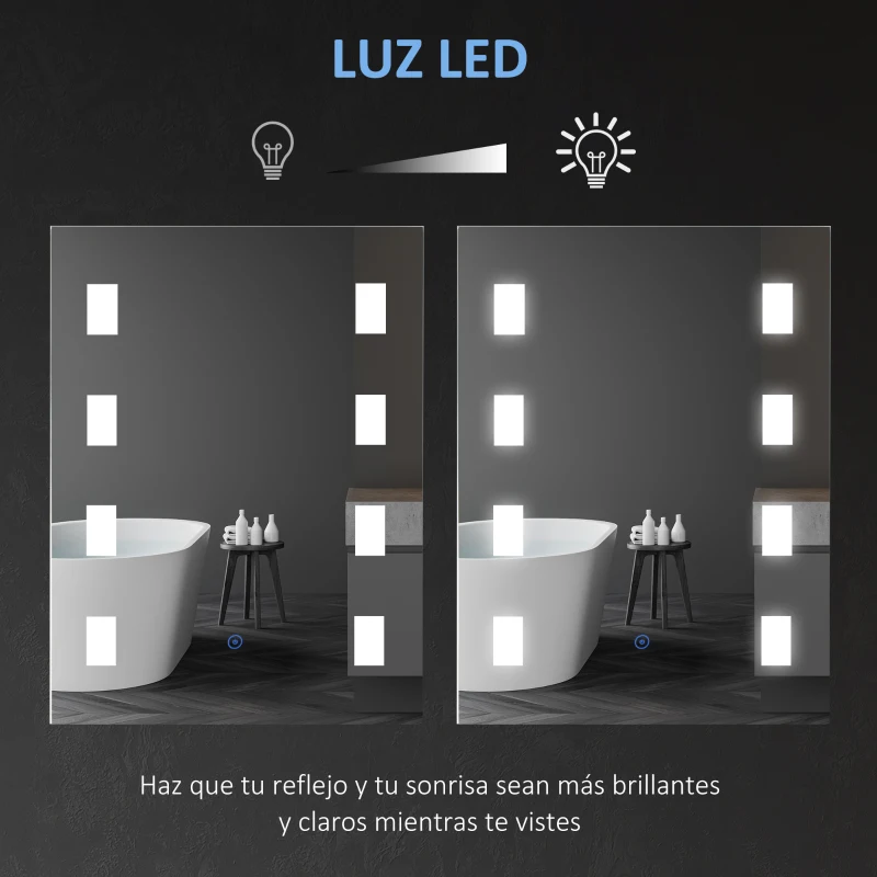 kleankin Espejo de Baño con Luz LED con Función de Antivaho Marco de Aluminio e Interruptor Táctil 70x50 cm Plata
